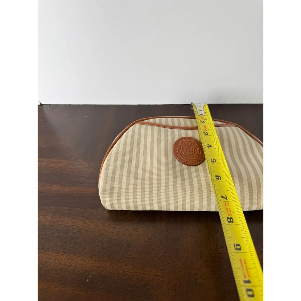 Vintage Tan‎ White Striped Cosmetic Bag Toiletry Pouch Leather Logo Patch